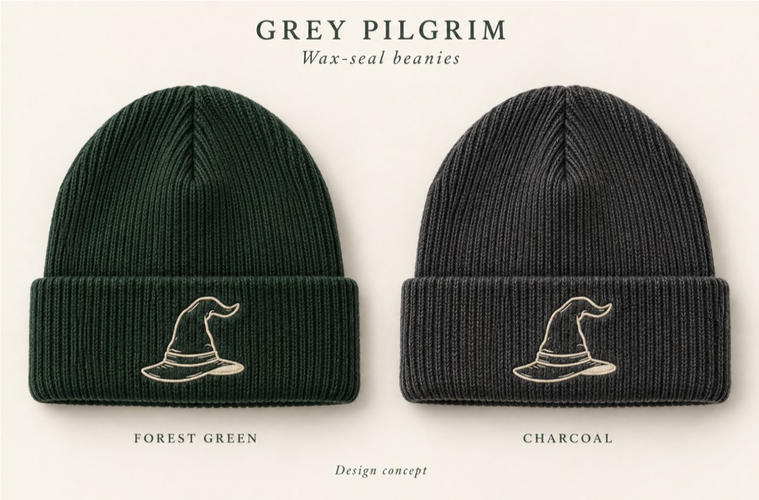 Wax-seal beanies in forest green and charcoal — the hat mark embroidered on the cuff