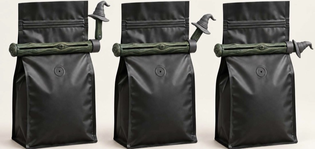 The Wanderer's Clasp — a carved staff-shaped sliding clip shown on a coffee bag in three positions: open, light grip, and locked