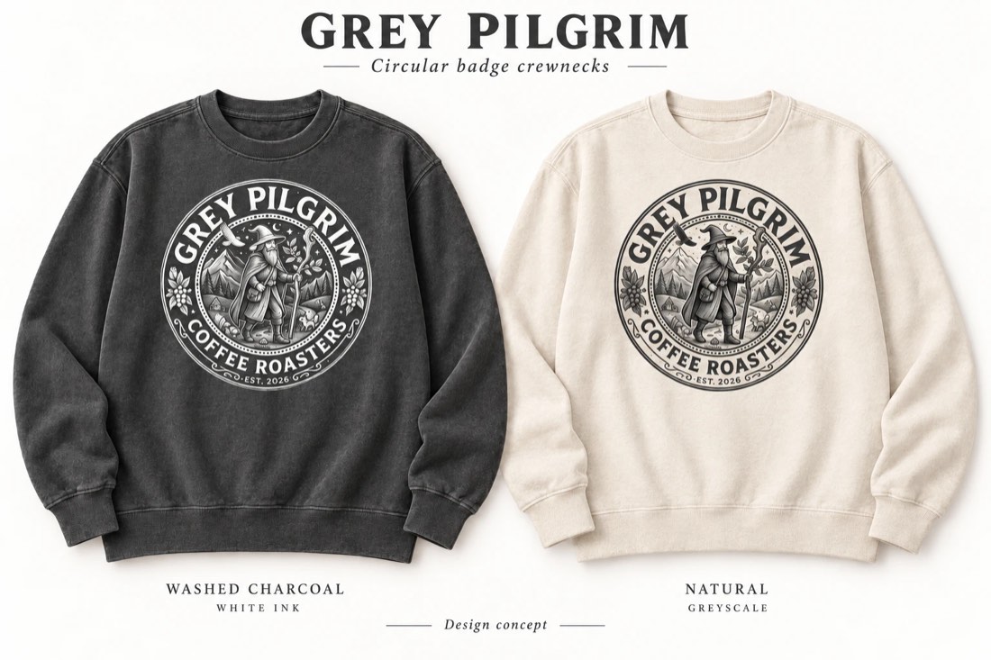 Circular badge crewneck sweatshirts in washed charcoal and natural