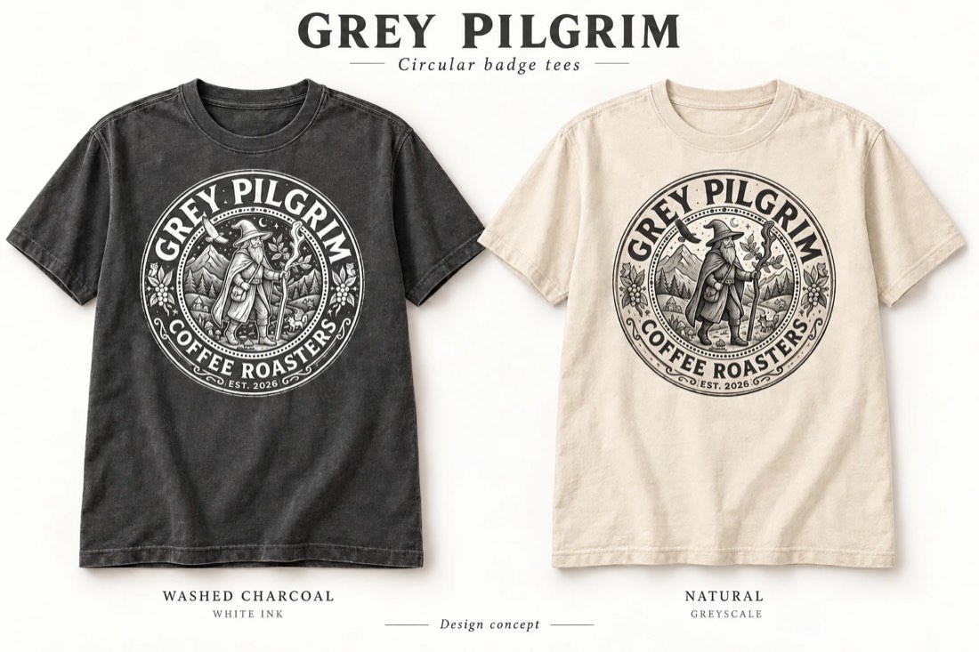 Circular badge tees in washed charcoal and natural — the full illustrated badge printed large front-center